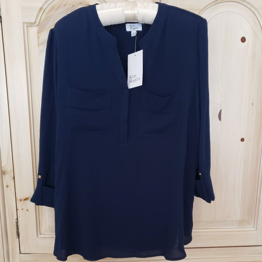 Kim Rogers Harbor Navy Woven Henley Style Blouse Roll-Tab Sleeves L